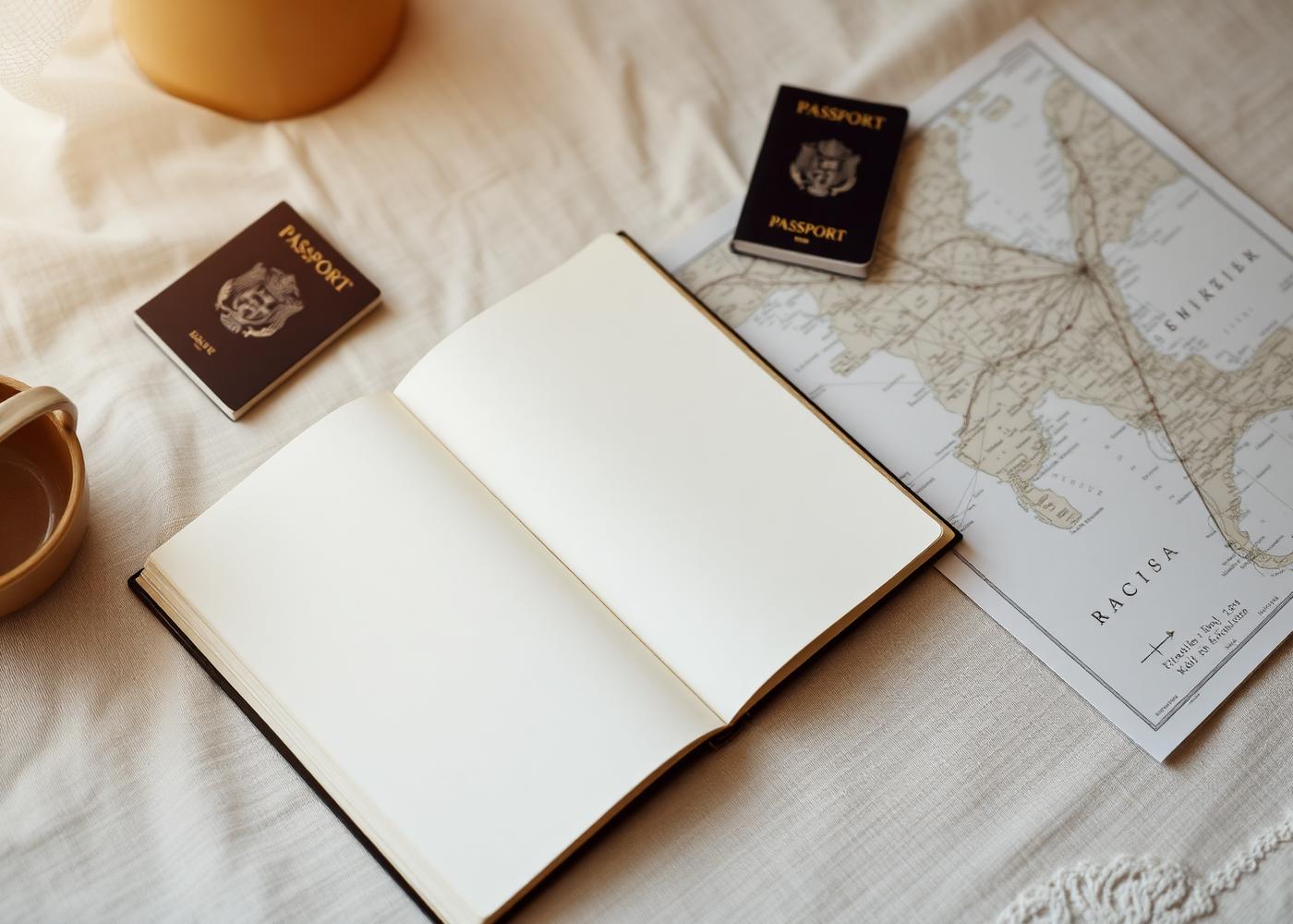 Trip planning notes, a map and passports on a linen table