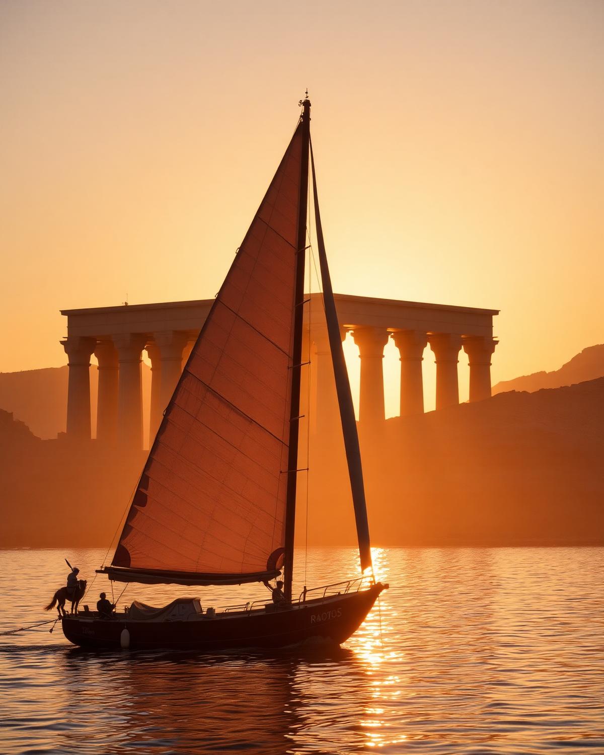 Felucca sailing on the Nile at sunset beside temple columns