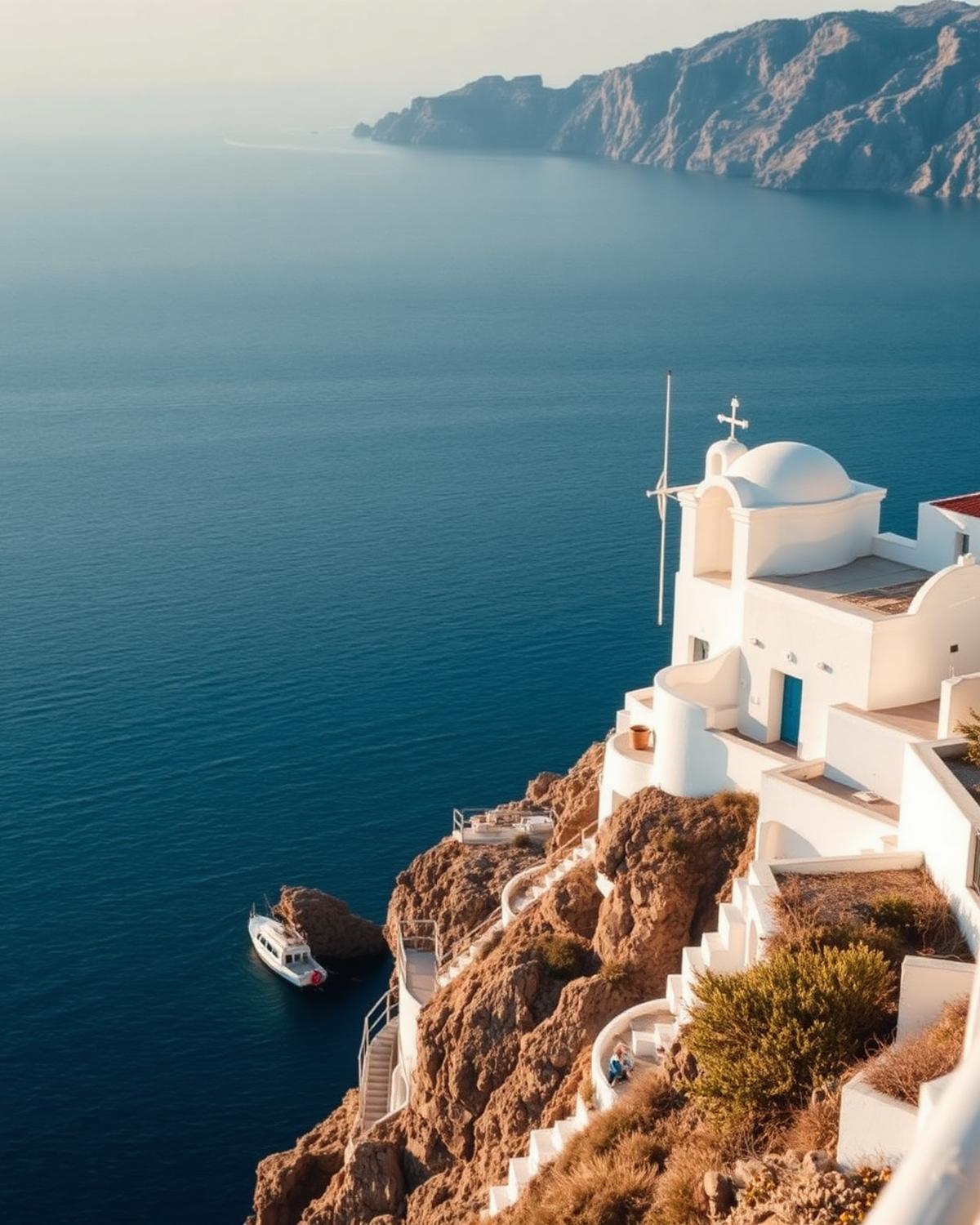 Whitewashed Greek chapel above the deep blue Aegean sea