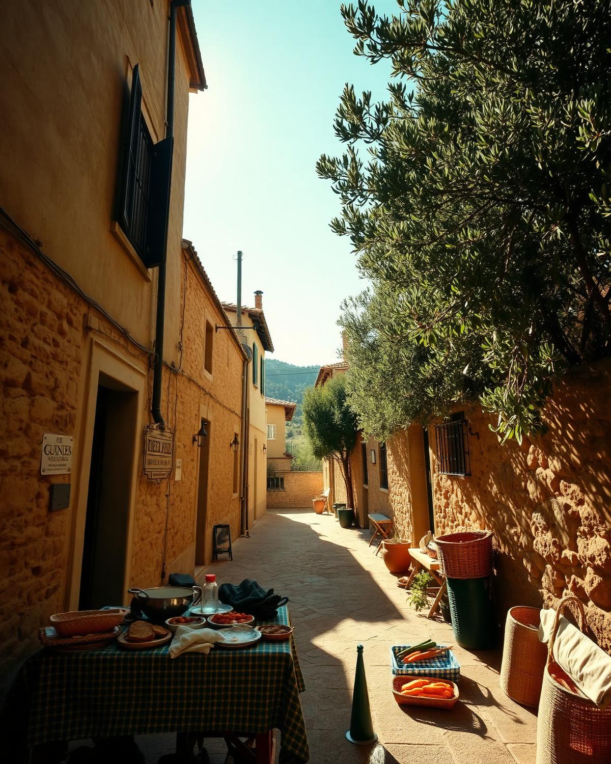 Sunlit stone lane and olive trees in a Puglian village
