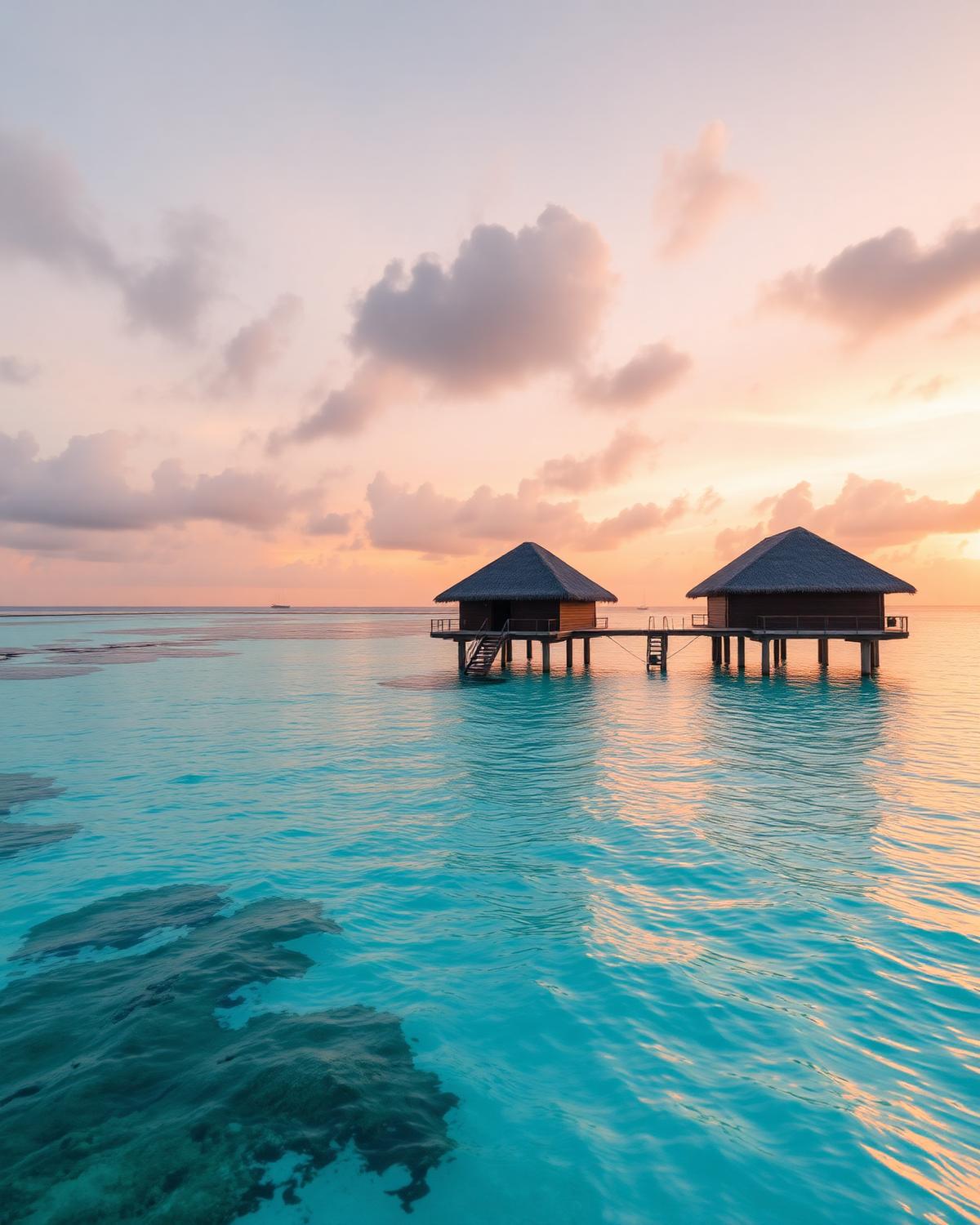 Overwater villas on a turquoise Maldivian lagoon at sunset