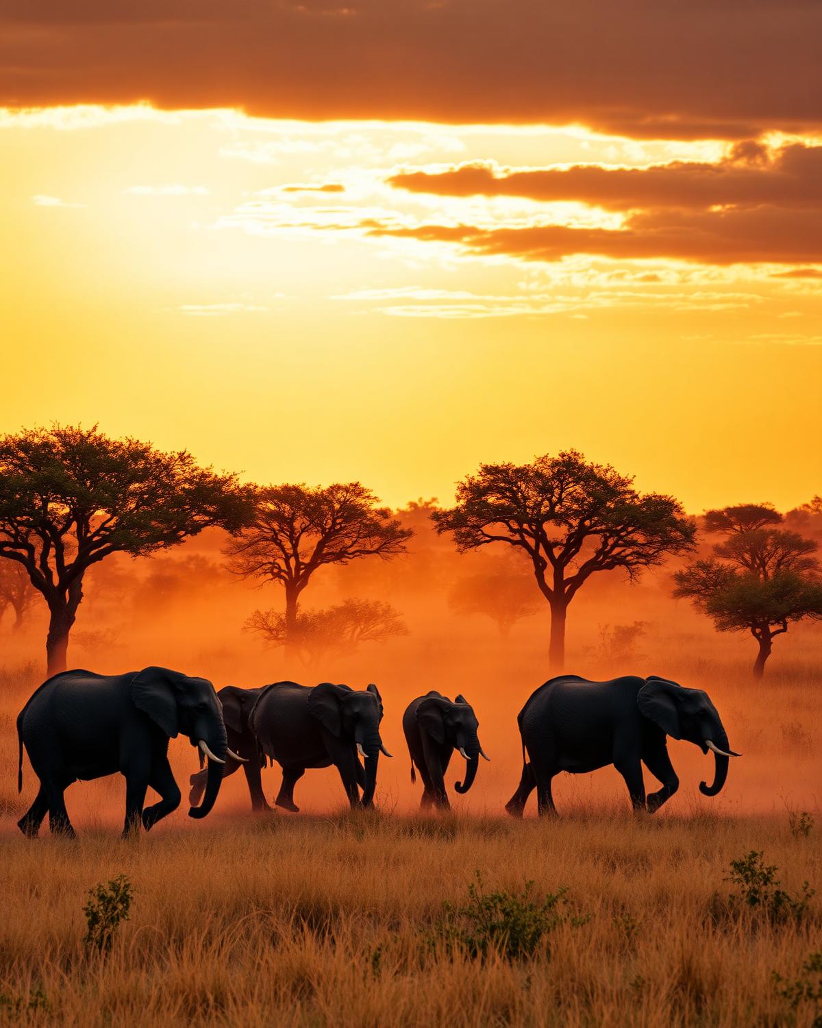 Elephants crossing golden savanna at sunset in Tanzania