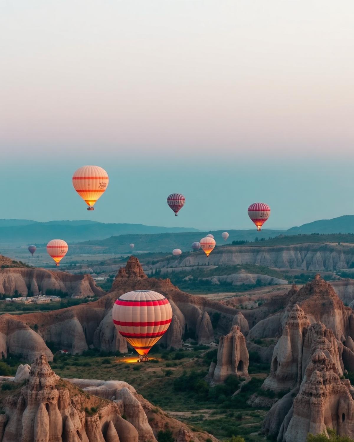 Hot air balloons rising over the rock valleys of Cappadocia